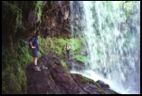 Close up of Mick and Larry behind Sgwd yr Eira Falls .